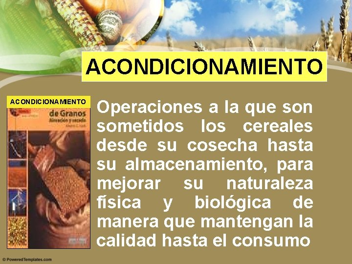 ACONDICIONAMIENTO Operaciones a la que son sometidos los cereales desde su cosecha hasta su