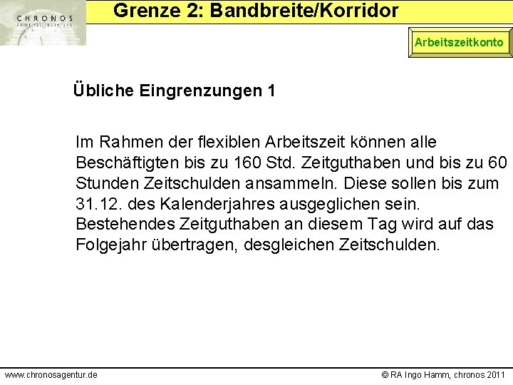 Grenze 2: Bandbreite/Korridor Arbeitszeitkonto Übliche Eingrenzungen 1 Im Rahmen der flexiblen Arbeitszeit können alle