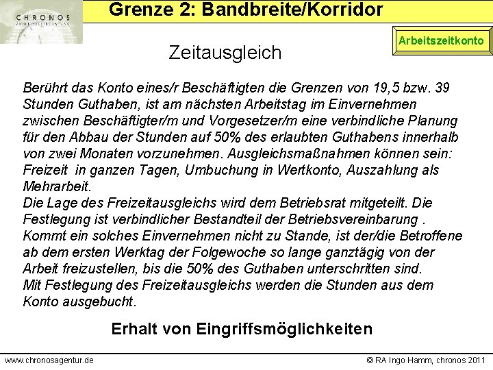 Grenze 2: Bandbreite/Korridor Arbeitszeitkonto Zeitausgleich Berührt das Konto eines/r Beschäftigten die Grenzen von 19,