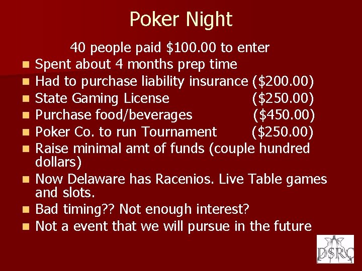Poker Night n n n n n 40 people paid $100. 00 to enter
