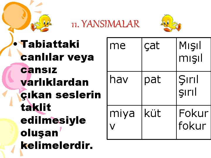 11. YANSIMALAR • Tabiattaki canlılar veya cansız varlıklardan çıkan seslerin taklit edilmesiyle oluşan kelimelerdir.