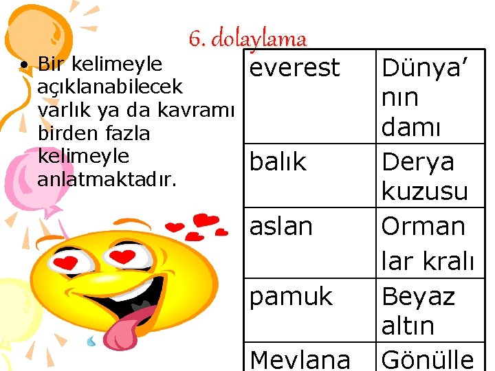 6. dolaylama • Bir kelimeyle açıklanabilecek varlık ya da kavramı birden fazla kelimeyle anlatmaktadır.