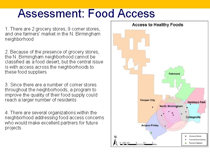 Assessment: Food Access 1. There are 2 grocery stores, 9 corner stores, and one
