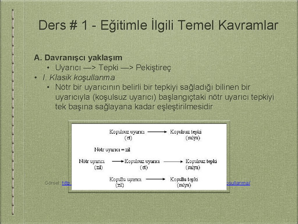 Ders # 1 - Eğitimle İlgili Temel Kavramlar A. Davranışcı yaklaşım • Uyarıcı —>