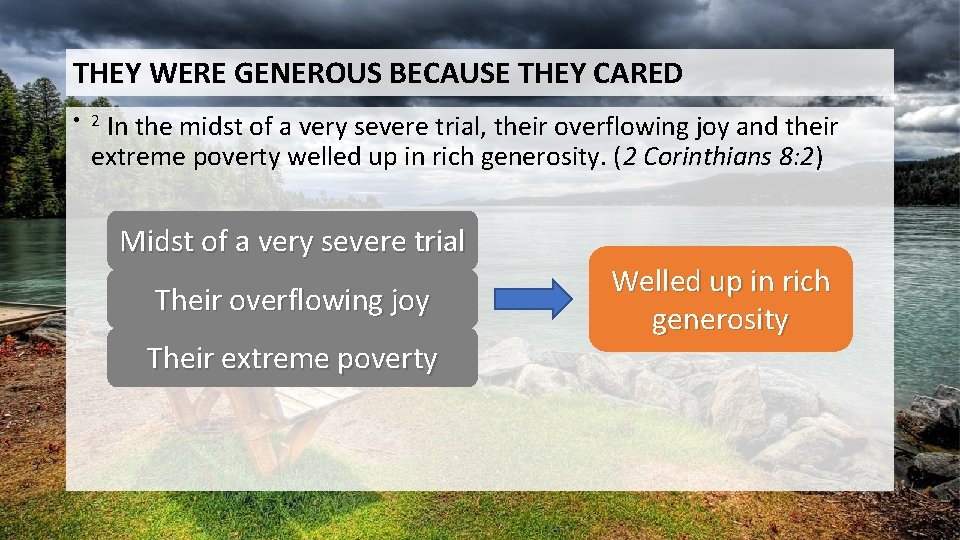 THEY WERE GENEROUS BECAUSE THEY CARED In the midst of a very severe trial,