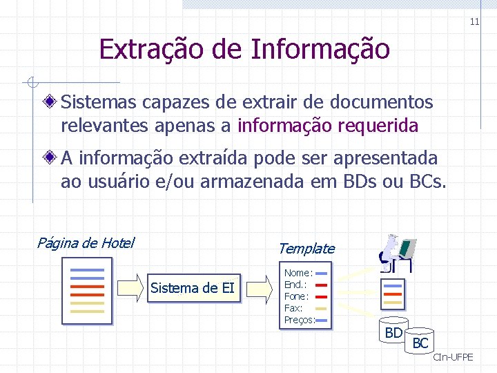 11 Extração de Informação Sistemas capazes de extrair de documentos relevantes apenas a informação