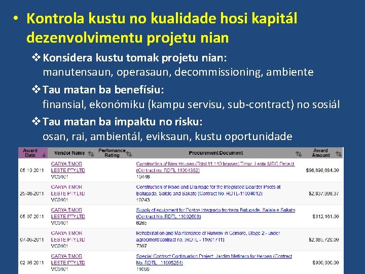  • Kontrola kustu no kualidade hosi kapitál dezenvolvimentu projetu nian v. Konsidera kustu