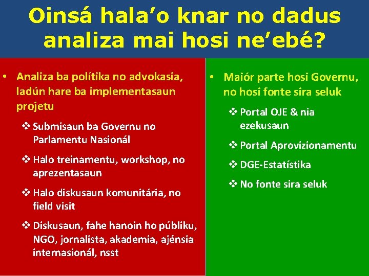 Oinsá hala’o knar no dadus analiza mai hosi ne’ebé? • Analiza ba polítika no