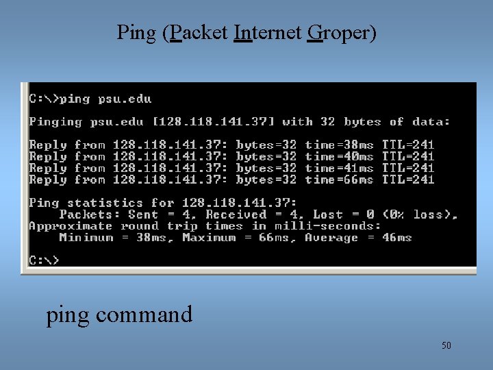 Ping (Packet Internet Groper) ping command 50 