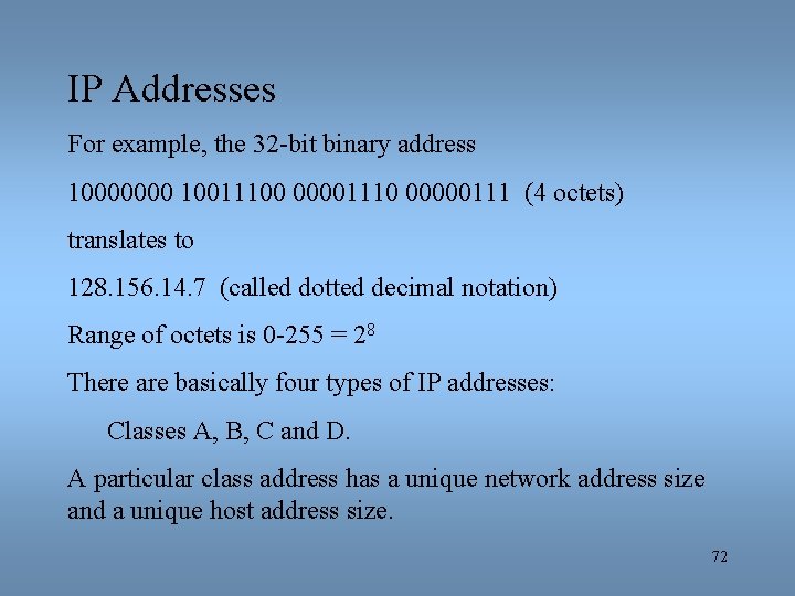 IP Addresses For example, the 32 -bit binary address 10000000 10011100 00001110 00000111 (4
