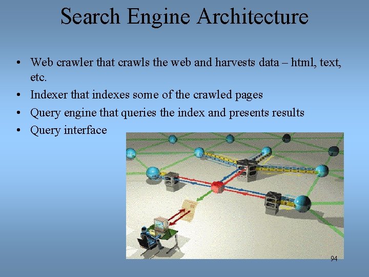 Search Engine Architecture • Web crawler that crawls the web and harvests data –