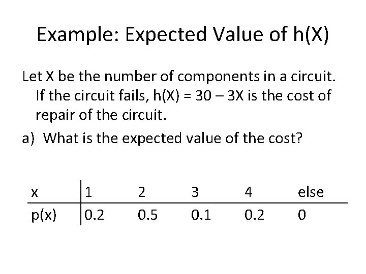 Example: Expected Value of h(X) Let X be the number of components in a