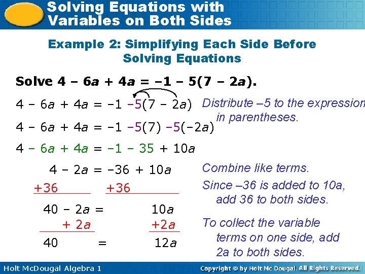 Solving Equations with Variables on Both Sides Example 2: Simplifying Each Side Before Solving