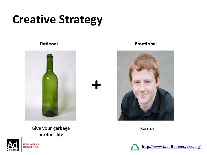 Creative Strategy Rational Emotional + Give your garbage another life Karma http: //www. iwanttoberecycled.