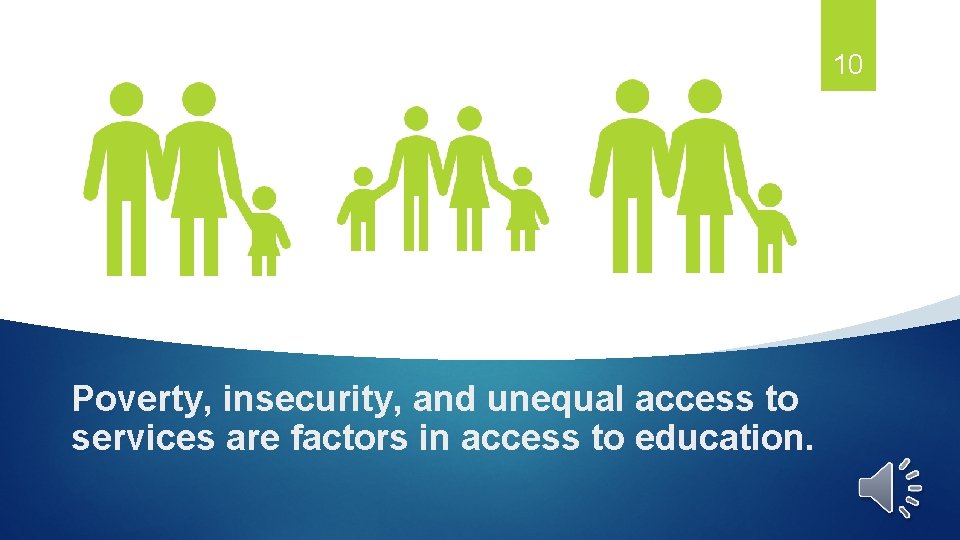10 Poverty, insecurity, and unequal access to services are factors in access to education.
