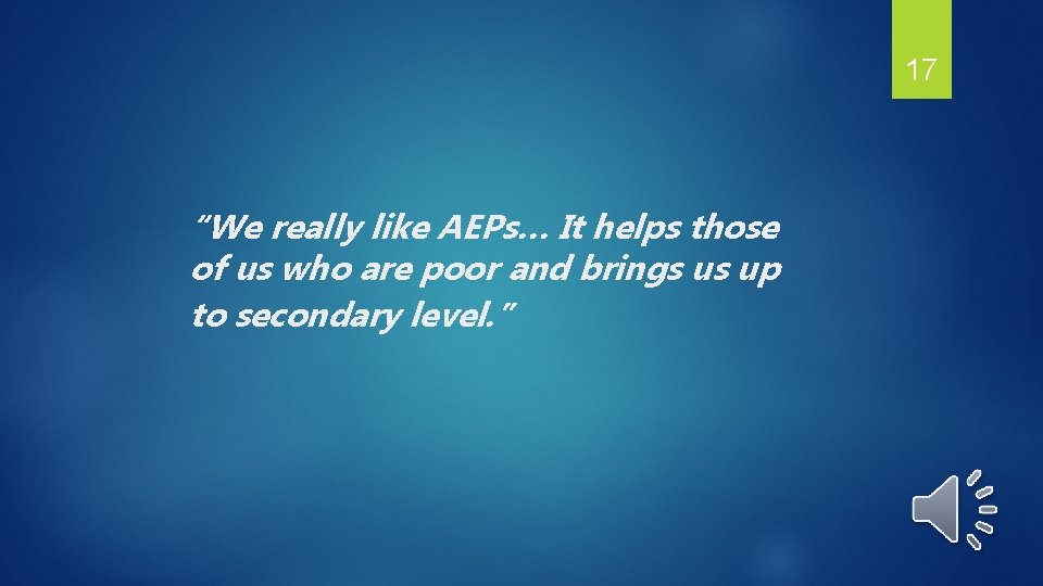 17 “We really like AEPs… It helps those of us who are poor and