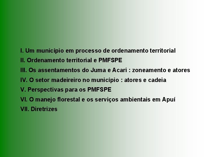 I. Um município em processo de ordenamento territorial II. Ordenamento territorial e PMFSPE III.