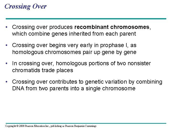 Crossing Over • Crossing over produces recombinant chromosomes, which combine genes inherited from each