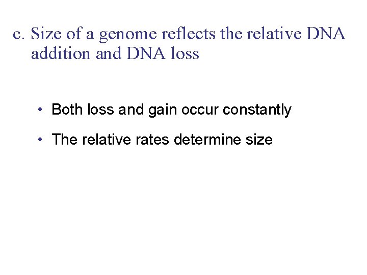 c. Size of a genome reflects the relative DNA addition and DNA loss •