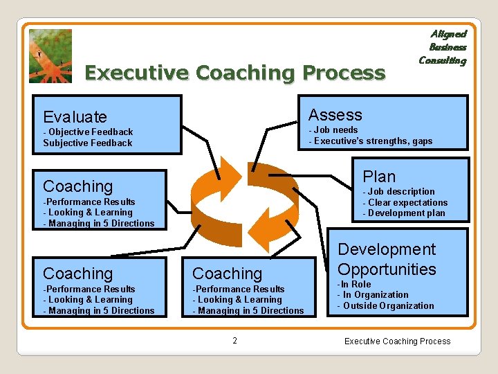 Executive Coaching Process Aligned Business Consulting Assess Evaluate - Job needs - Executive’s strengths,
