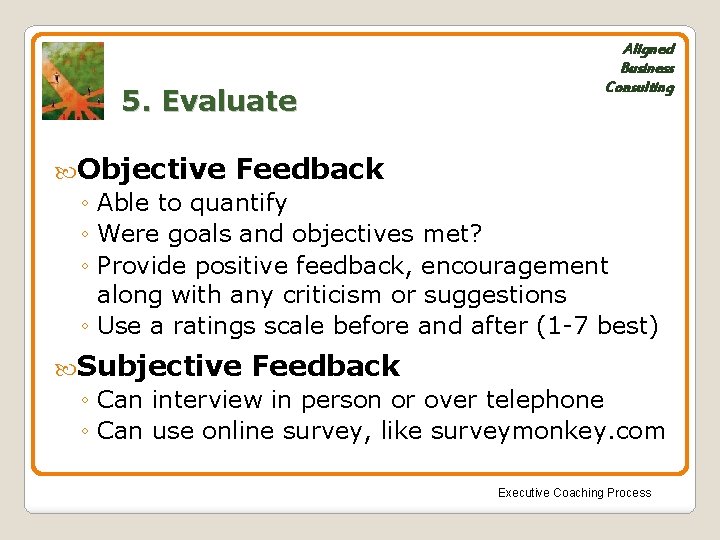 5. Evaluate Aligned Business Consulting Objective Feedback ◦ Able to quantify ◦ Were goals