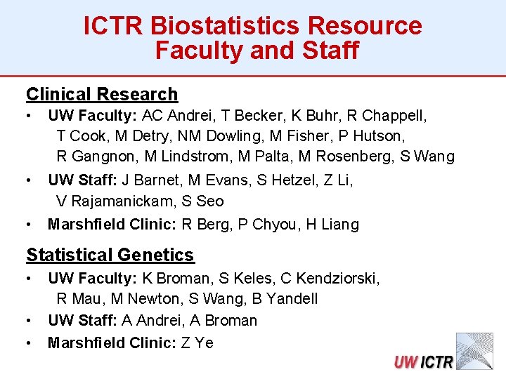ICTR Biostatistics Resource Faculty and Staff Clinical Research • UW Faculty: AC Andrei, T