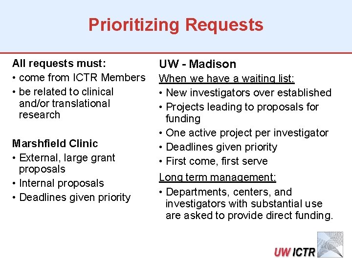 Prioritizing Requests All requests must: • come from ICTR Members • be related to