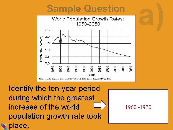 Sample Question Identify the ten-year period during which the greatest increase of the world