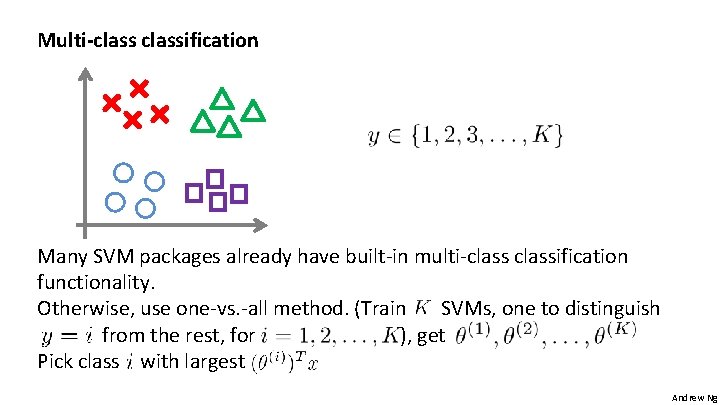 Multi-classification Many SVM packages already have built-in multi-classification functionality. Otherwise, use one-vs. -all method.