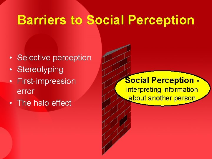 Barriers to Social Perception • Selective perception • Stereotyping • First-impression error • The Barriers to Social Perception • Selective perception • Stereotyping • First-impression error • The