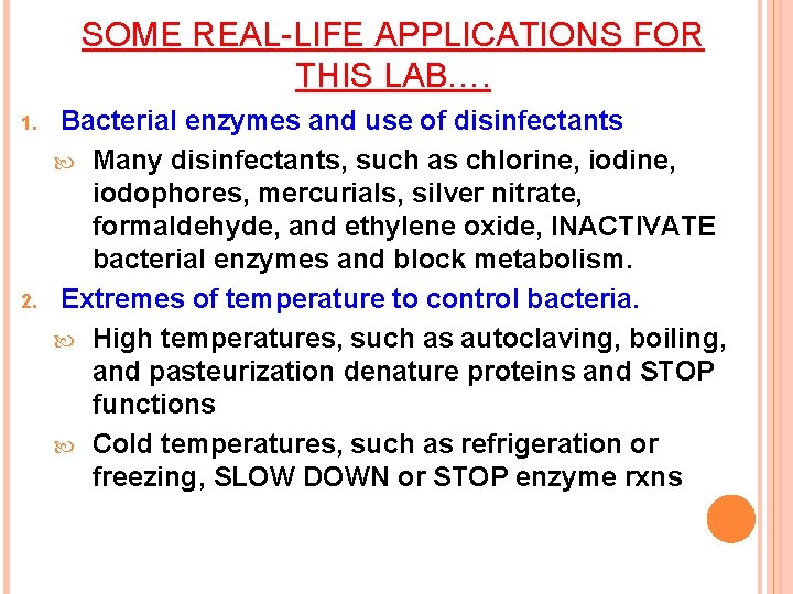 SOME REAL-LIFE APPLICATIONS FOR THIS LAB…. 1. 2. Bacterial enzymes and use of disinfectants