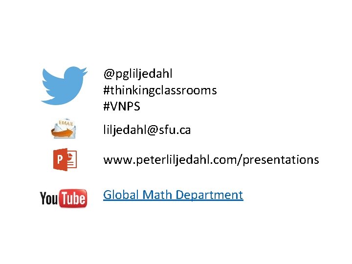 @pgliljedahl #thinkingclassrooms #VNPS liljedahl@sfu. ca www. peterliljedahl. com/presentations Global Math Department 