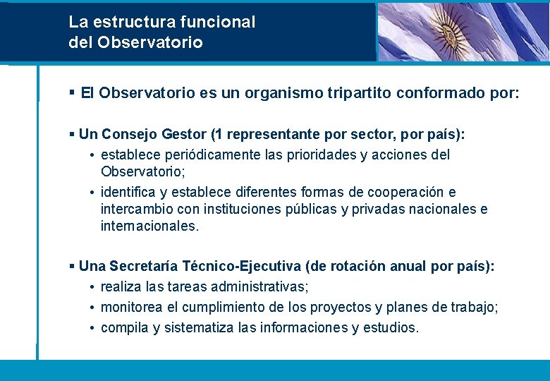 La estructura funcional del Observatorio § El Observatorio es un organismo tripartito conformado por: La estructura funcional del Observatorio § El Observatorio es un organismo tripartito conformado por: