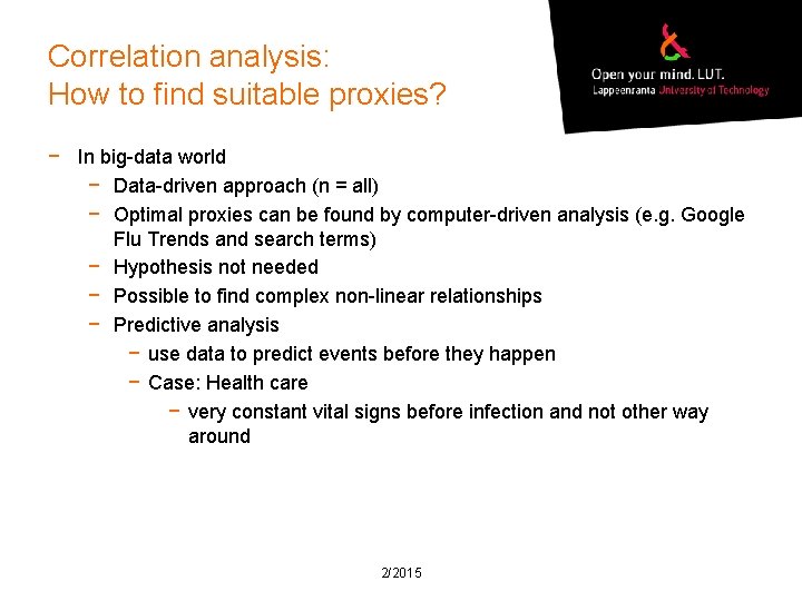 Correlation analysis: How to find suitable proxies? − In big-data world − Data-driven approach