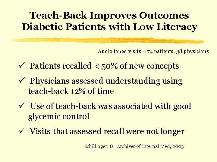 Teach-Back Improves Outcomes Diabetic Patients with Low Literacy Audio taped visits – 74 patients,