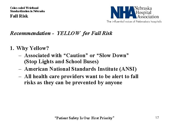 Color-coded Wristband Standardization in Nebraska Fall Risk Recommendation - YELLOW for Fall Risk Allergies