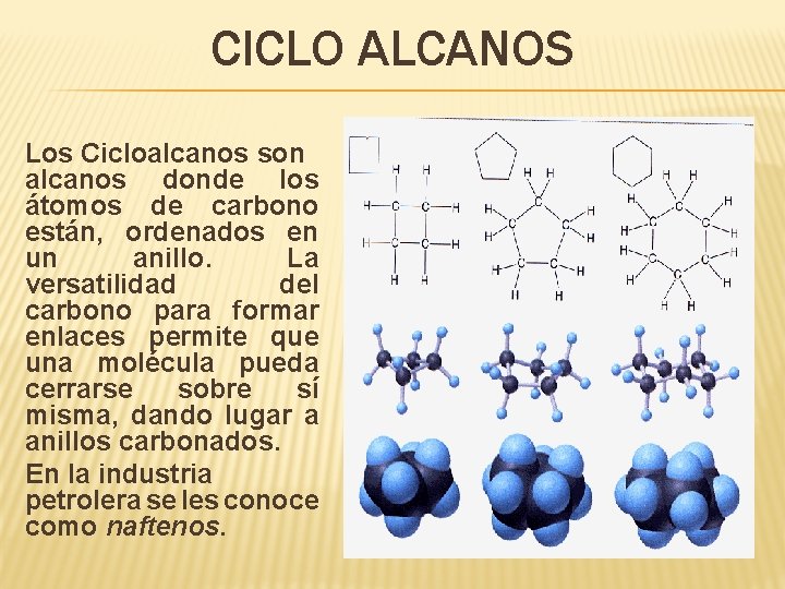 CICLO ALCANOS Los Cicloalcanos son alcanos donde los átomos de carbono están, ordenados en