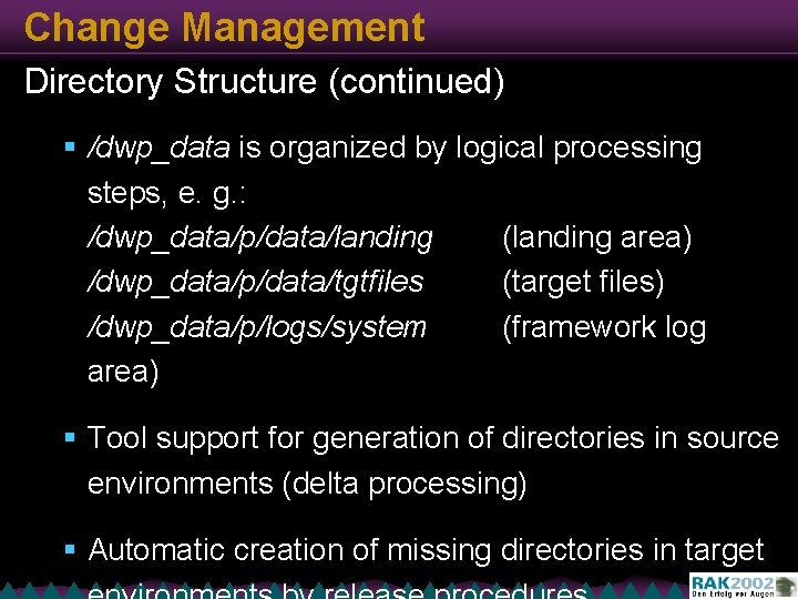 Change Management Directory Structure (continued) § /dwp_data is organized by logical processing steps, e.