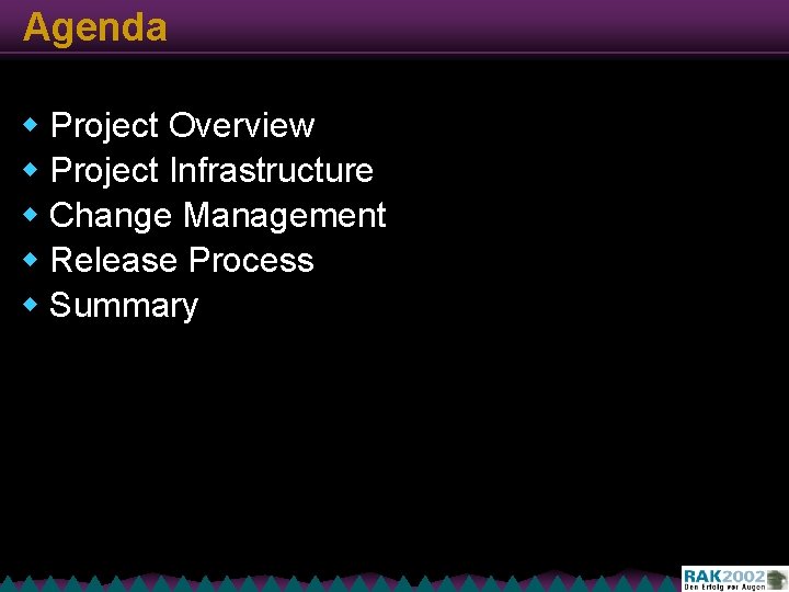 Agenda w Project Overview w Project Infrastructure w Change Management w Release Process w