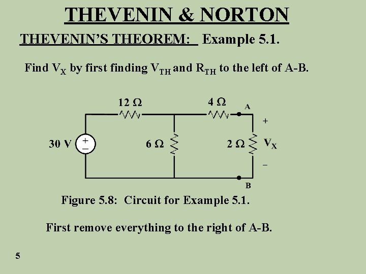 THEVENIN & NORTON THEVENIN’S THEOREM: Example 5. 1. Find VX by first finding VTH
