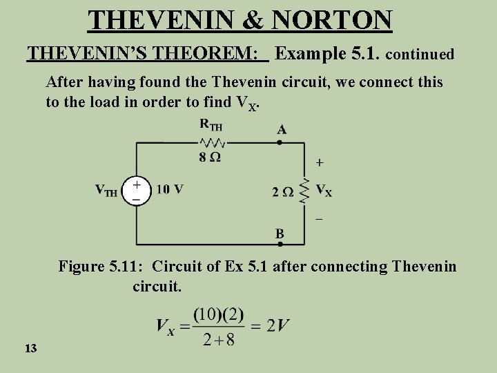 THEVENIN & NORTON THEVENIN’S THEOREM: Example 5. 1. continued After having found the Thevenin