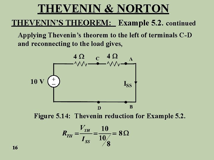 THEVENIN & NORTON THEVENIN’S THEOREM: Example 5. 2. continued Applying Thevenin’s theorem to the