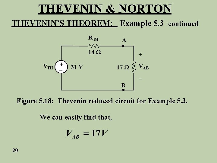 THEVENIN & NORTON THEVENIN’S THEOREM: Example 5. 3 continued Figure 5. 18: Thevenin reduced