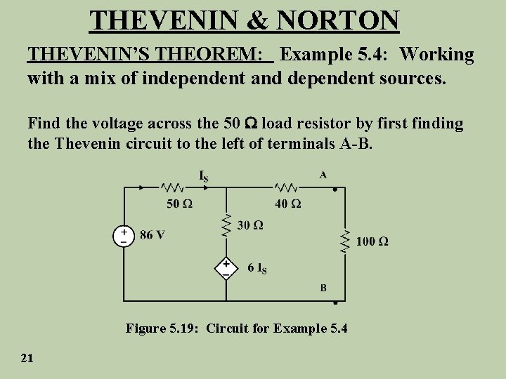 THEVENIN & NORTON THEVENIN’S THEOREM: Example 5. 4: Working with a mix of independent