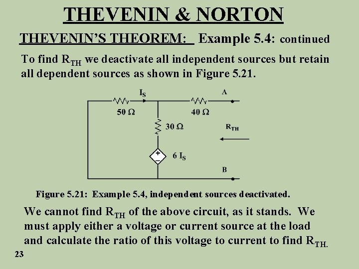 THEVENIN & NORTON THEVENIN’S THEOREM: Example 5. 4: continued To find RTH we deactivate