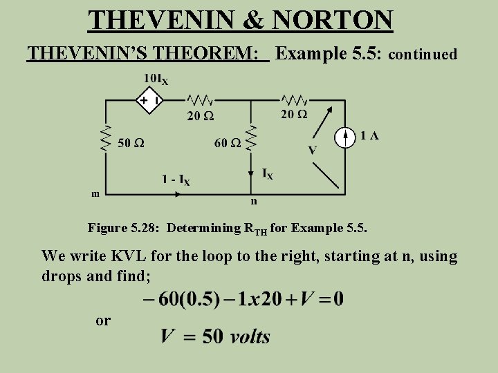 THEVENIN & NORTON THEVENIN’S THEOREM: Example 5. 5: continued Figure 5. 28: Determining RTH