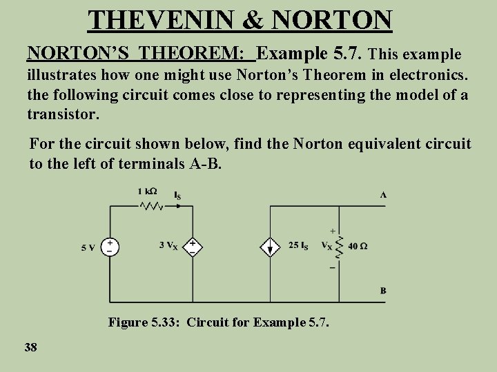 THEVENIN & NORTON’S THEOREM: Example 5. 7. This example illustrates how one might use