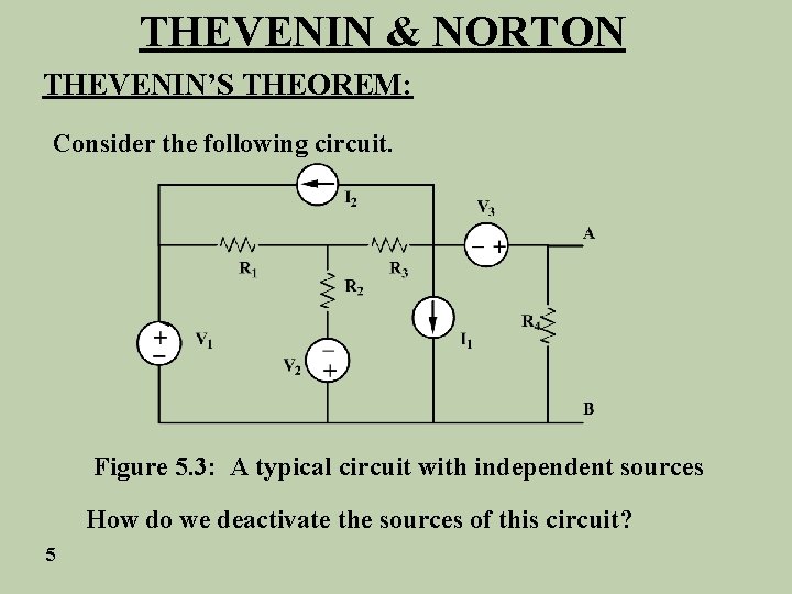 THEVENIN & NORTON THEVENIN’S THEOREM: Consider the following circuit. Figure 5. 3: A typical