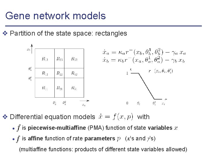 Gene network models v Partition of the state space: rectangles v Differential equation models