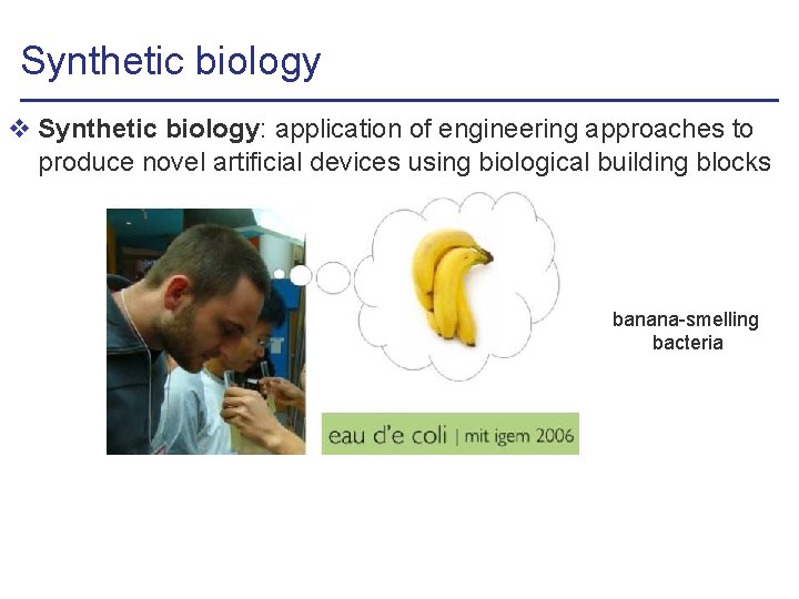 Synthetic biology v Synthetic biology: application of engineering approaches to produce novel artificial devices